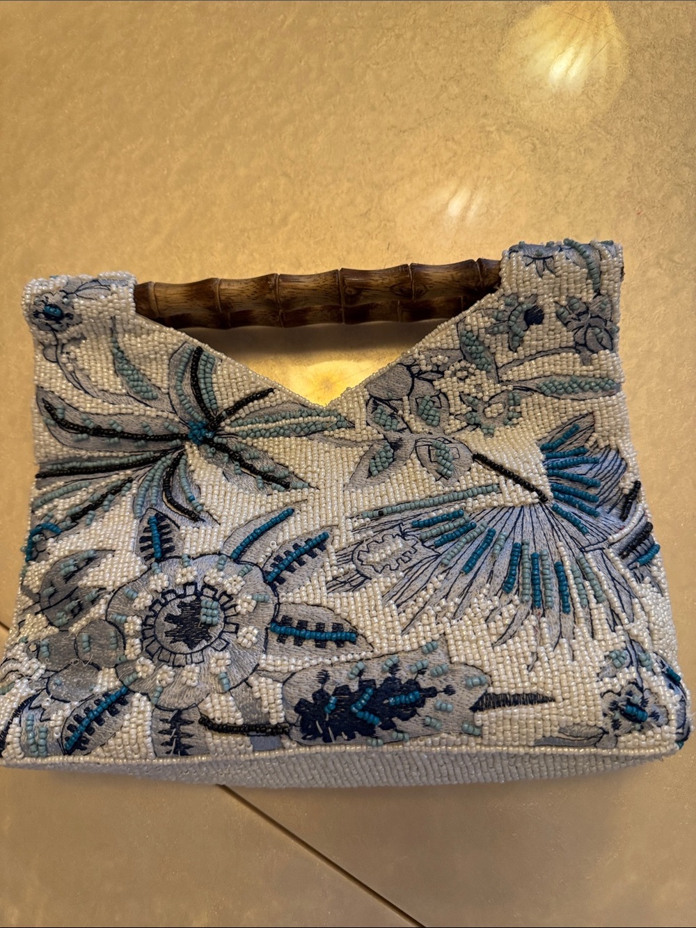 Beaded Floral Wristlet Clutch in White and Teal with Bamboo Handle